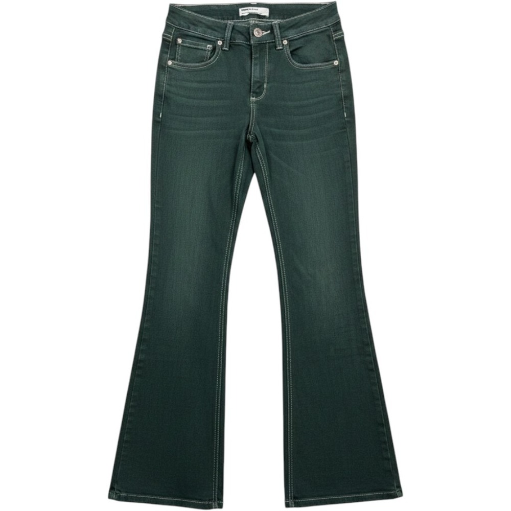 Garage Denim Low Rise Flare Jeans Women Size 0 Green Contrast Stitch Y2K Boho